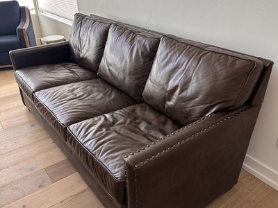 Luxurious Brown Leather Sofa with Nailhead Trim - 3 Seater Couch