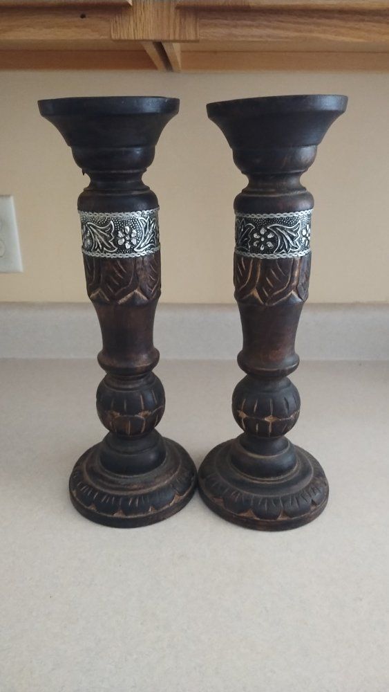 Set of 2 Hand-Carved Wooden Candle Holders with Silver Metal Trim
