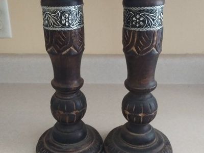 Set of 2 Hand-Carved Wooden Candle Holders with Silver Metal Trim