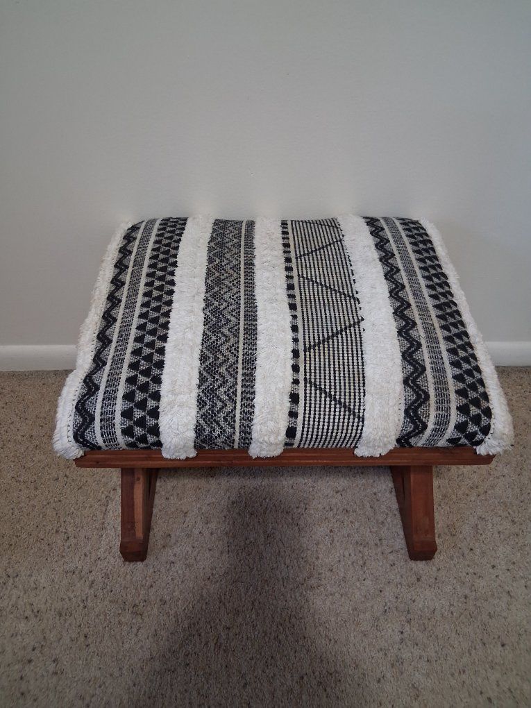 Boho Style Upholstered Wood Footstool Black & White Striped Kilim Ottoman Bench 21"x 18" x 16"