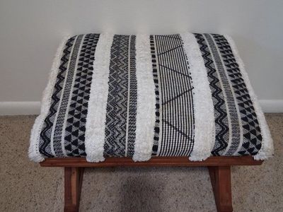 Boho Style Upholstered Wood Footstool Black & White Striped Kilim Ottoman Bench 21"x 18" x 16"