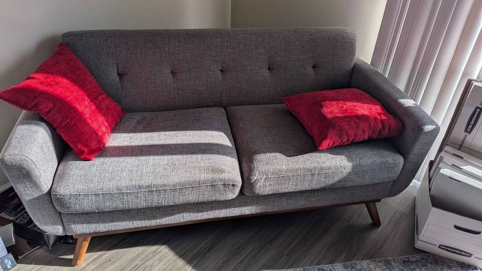 Mid-Century Modern Grey Fabric Loveseat