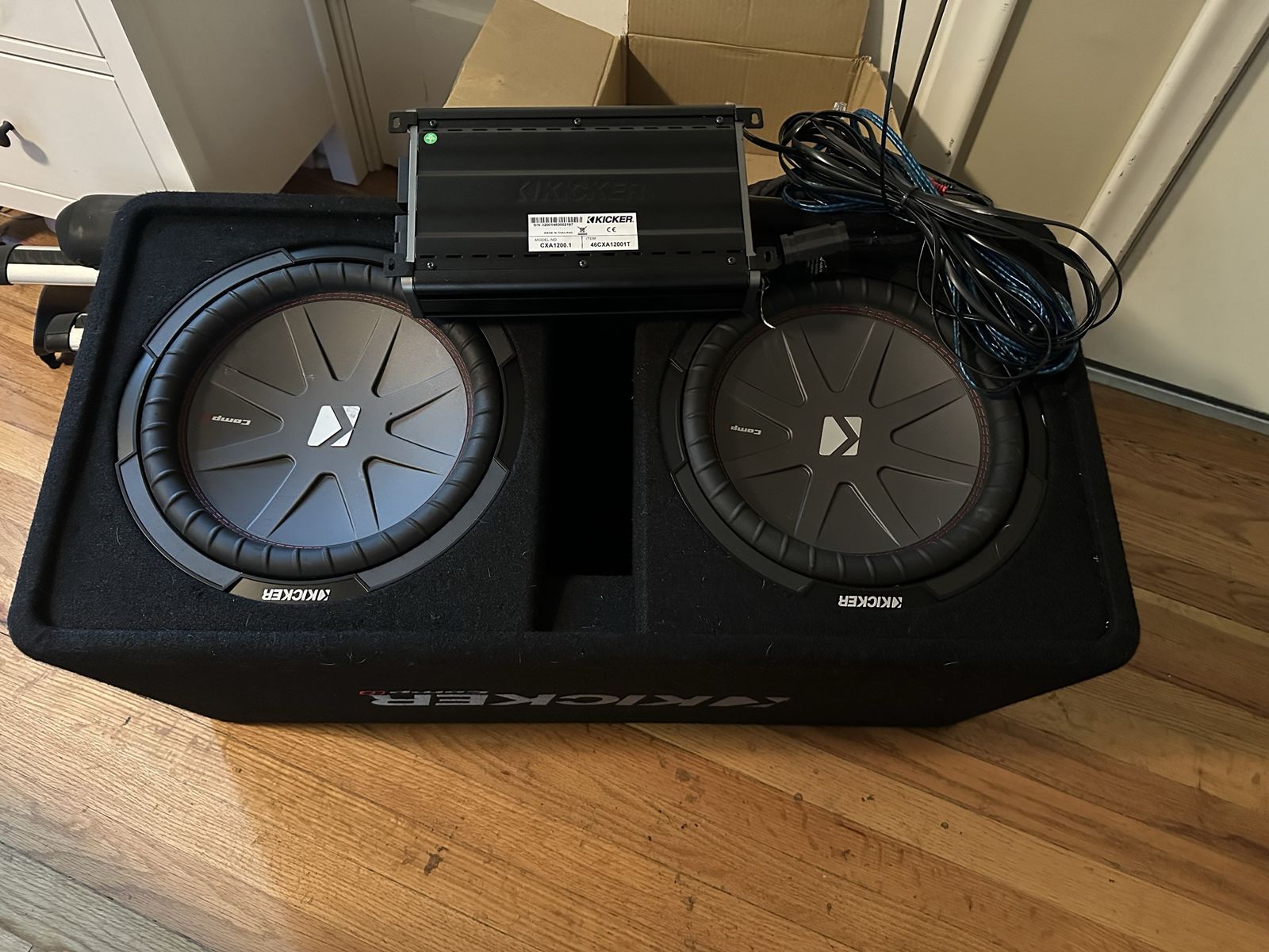 Kicker 46CXA1200.1 Amplifier & Dual 10" CompC Subwoofers in Enclosure with Wiring