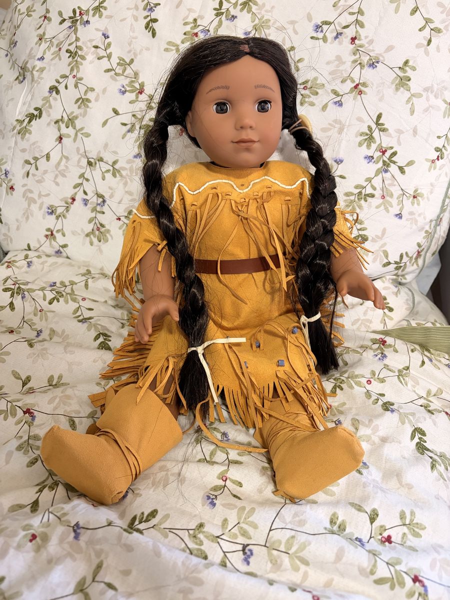 American Girl Kaya Doll 18" with Braids, Deerskin Dress, Boots & Brush - Good Condition