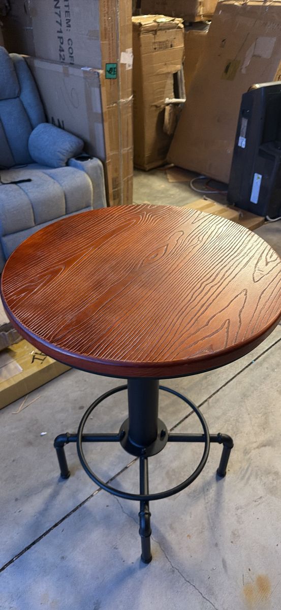 Industrial Style Round Adjustable Pub Bar Table - Dark Wood Top, Black Metal Base 24" Diameter