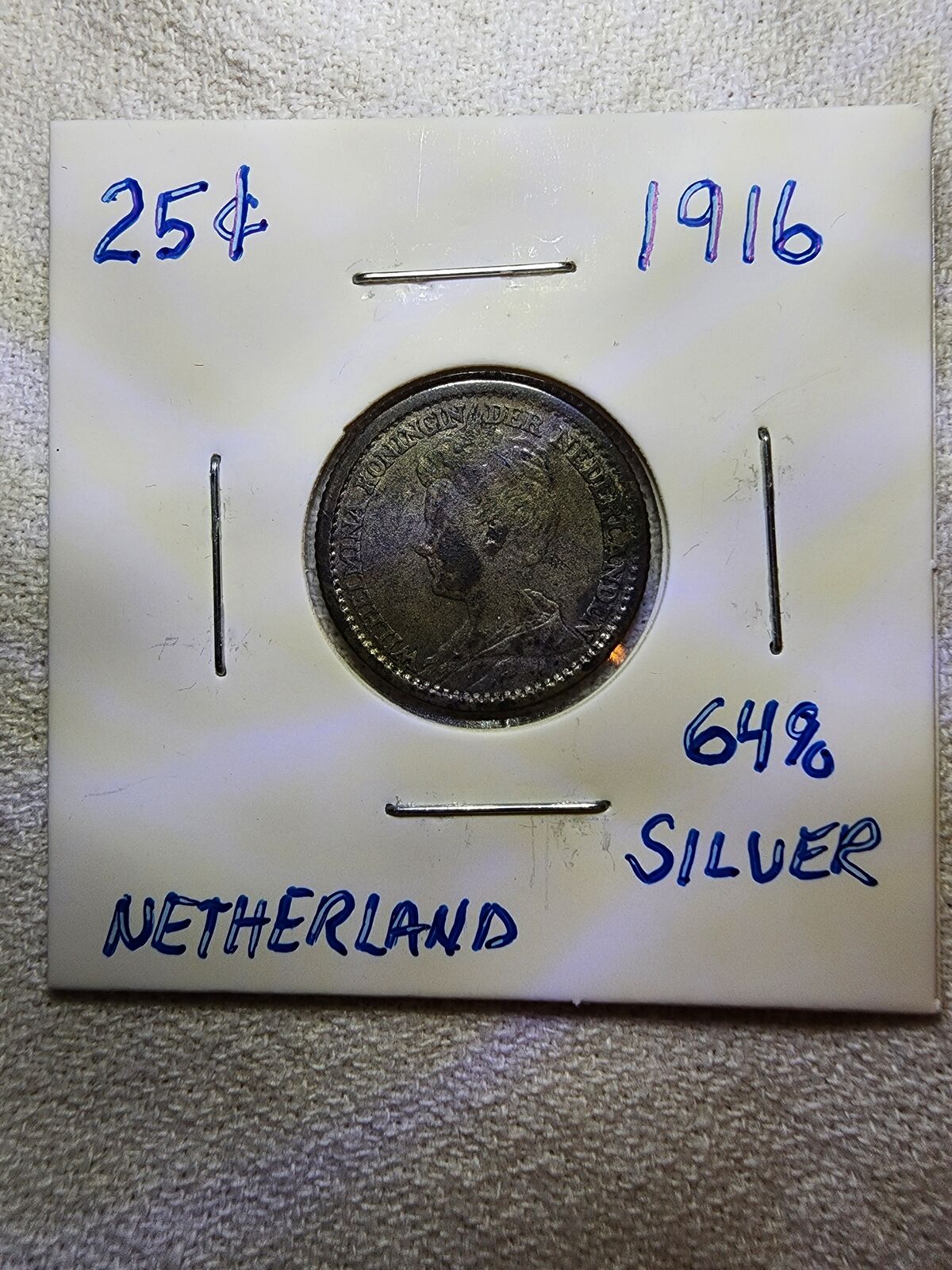 1916 Netherlands 25 Cents - 64% Silver