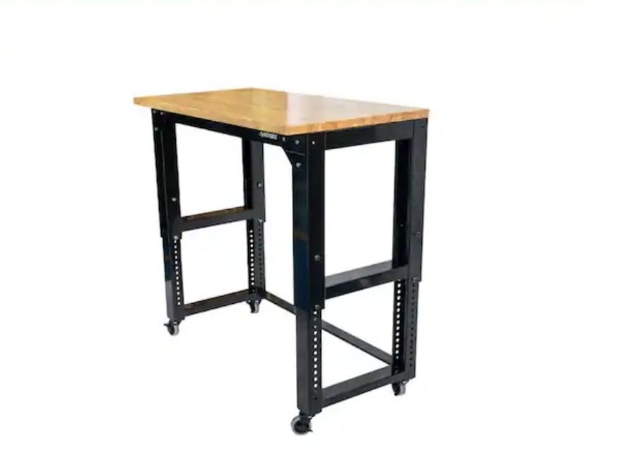 HUSKY 46 in. W x 24 in. Deep Adjustable Height Work Table with Solid Wood Top, Gloss Black