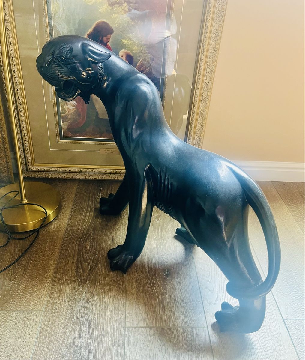 Vintage Black Panther Wood  Statue Art Deco Hollywood Regency Style Figurine Decorative Sculpture Handmade