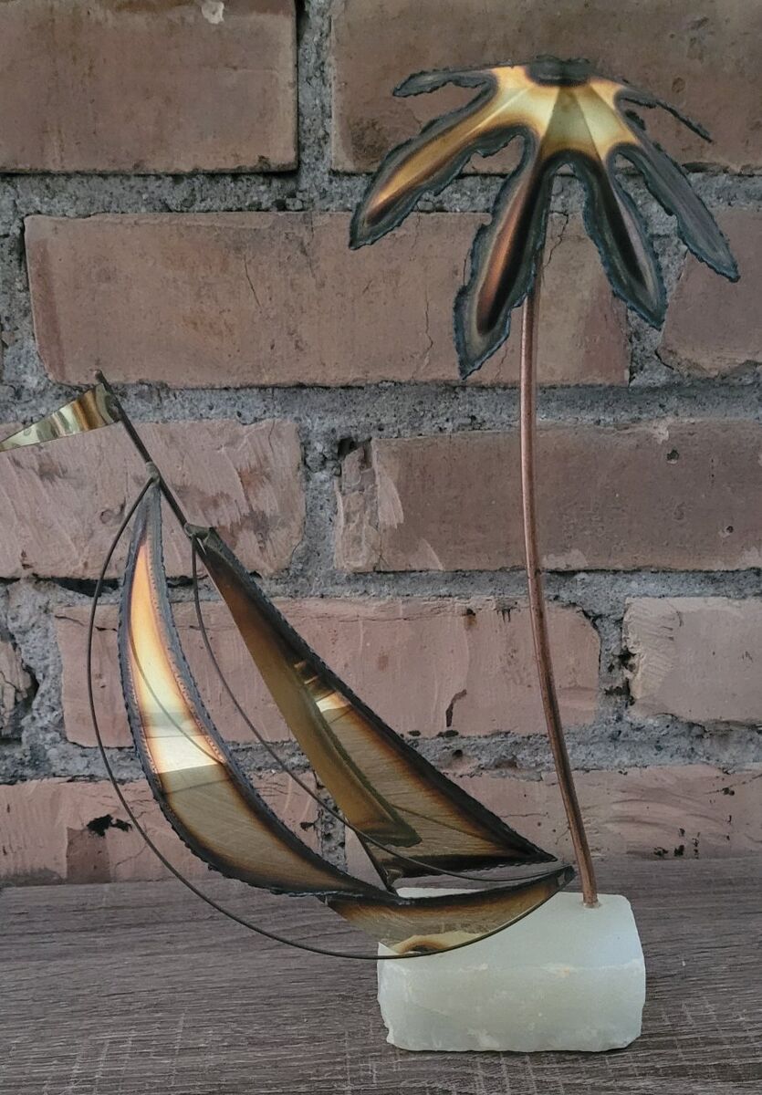 Brass Sailboat Palmtree Sculpture Nautical Stone B