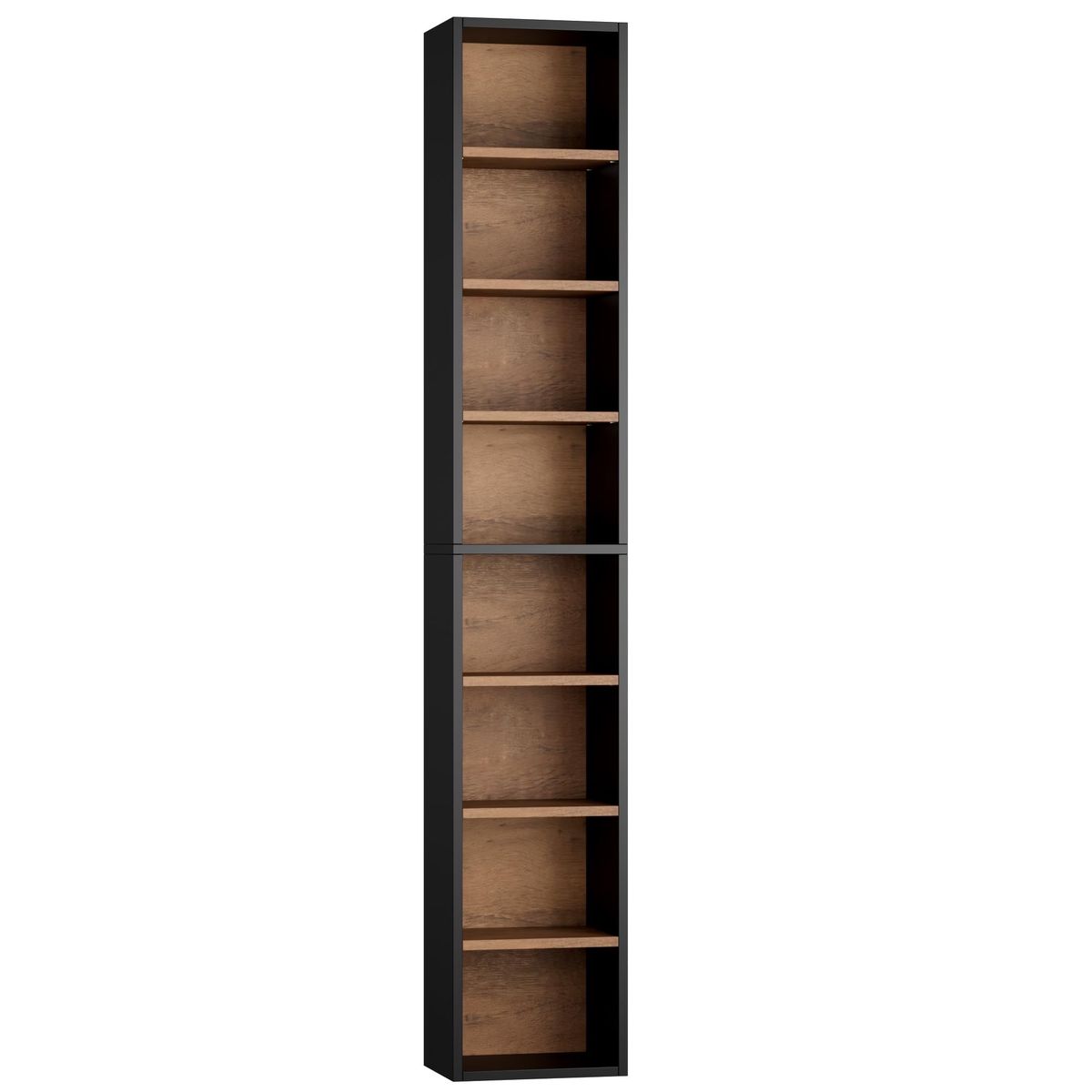 Slim Black & Wood Tall Bookcase / Media Storage Shelf Unit - 181cm H, 29.7cm W