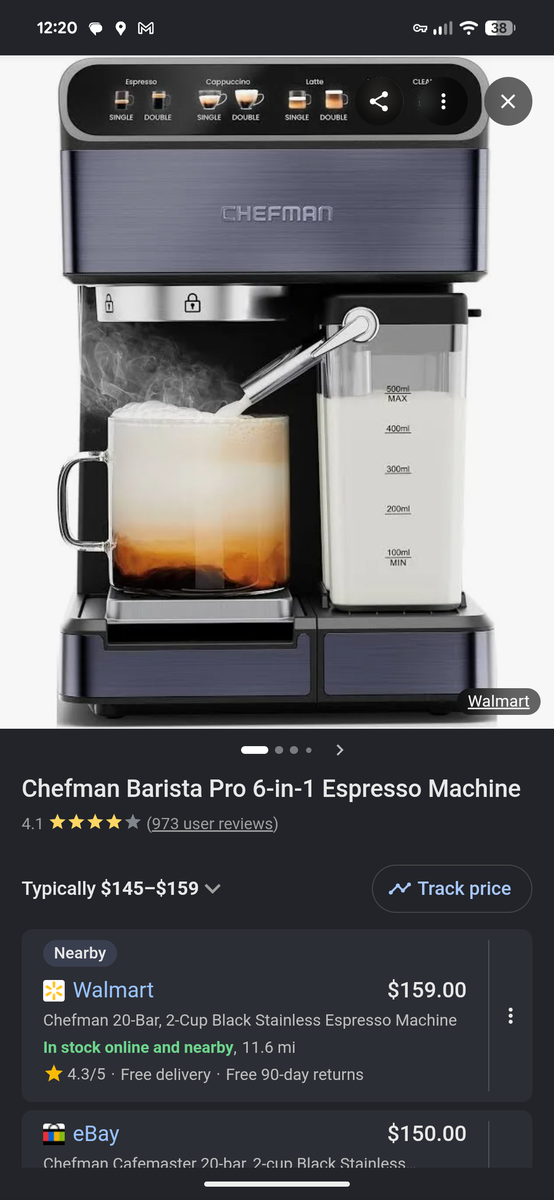 Chefman Barista Pro 6-in-1 Espresso Machine Black Stainless Steel