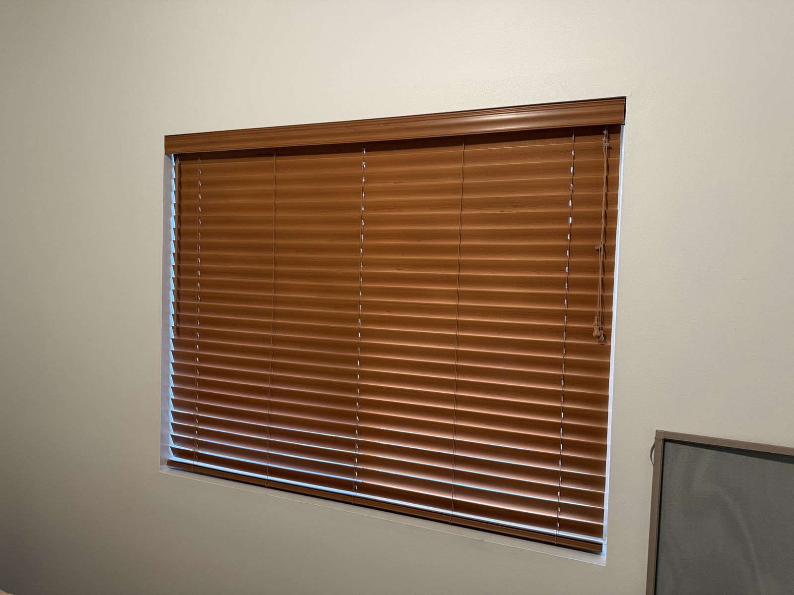 Wood-Look Horizontal Window Blinds - Light Brown Faux Wood, Corded
