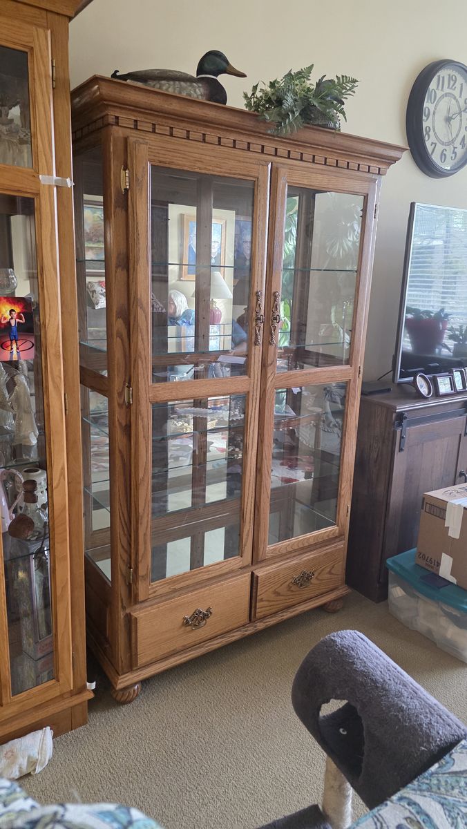 Oak Curio Cabinet with Glass Doors and Interior Lighting