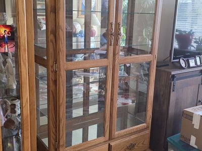 Oak Curio Cabinet with Glass Doors and Interior Lighting