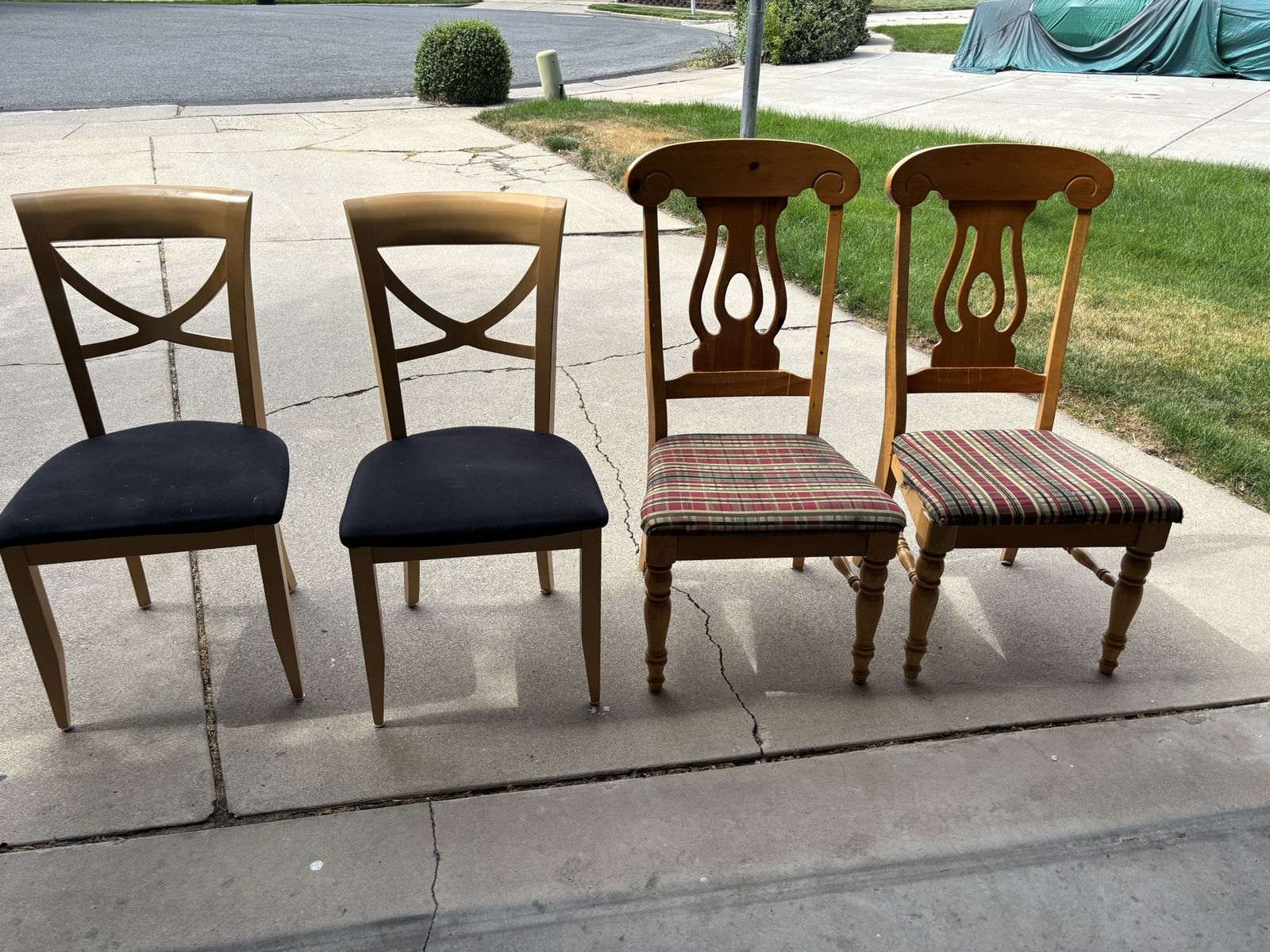 4 Wood Dining Chairs - 2 Plaid Upholstered & 2 Black Upholstered - Mixed Style