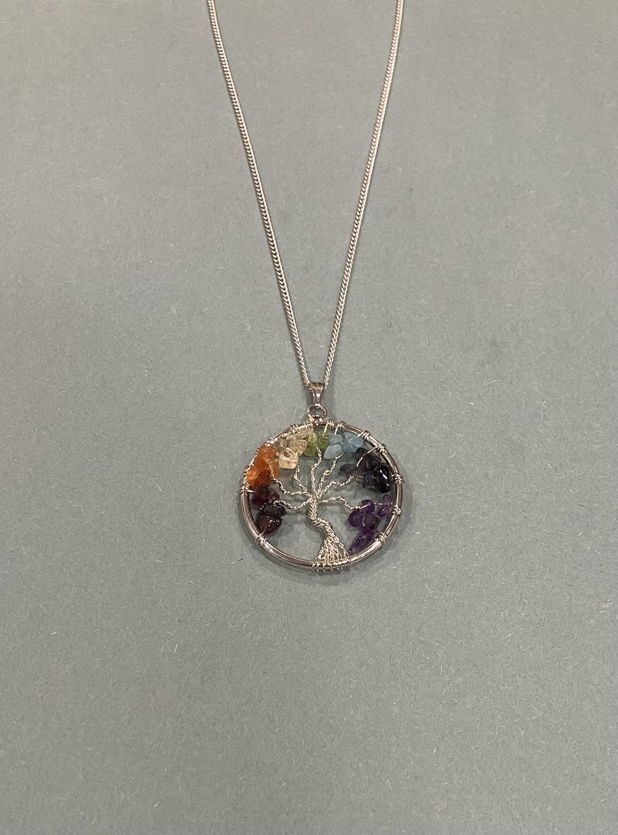 Silver Necklace With Gemstone Tree Pendant
