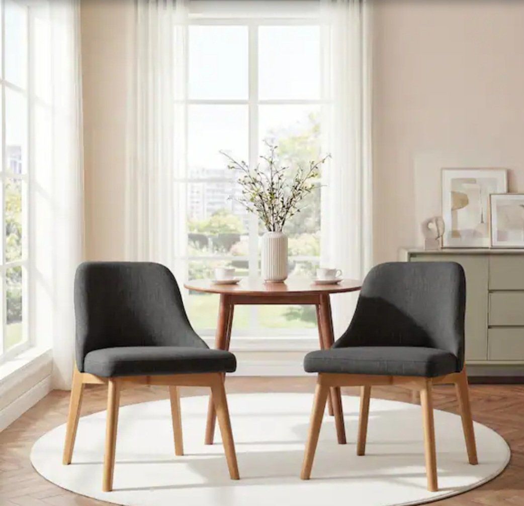 2-Pack Upholstered Dining Chairs with Ergonomic Backrest and Wooden Legs, Dark Gray Fabric