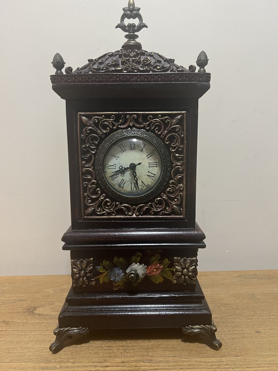 Vintage Style Decorative Mantel Clock with Storage Drawer - Hand-Painted Floral Details, 16.5" Tall