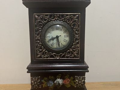 Vintage Style Decorative Mantel Clock with Storage Drawer - Hand-Painted Floral Details, 16.5" Tall