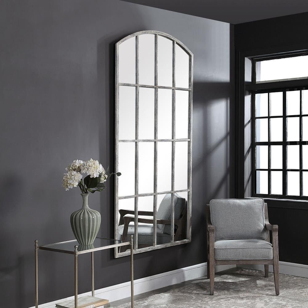 Large Arched Windowpane Mirror - Distressed Grey Finish, 82"x42.25"