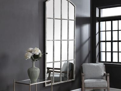 Large Arched Windowpane Mirror - Distressed Grey Finish, 82"x42.25"