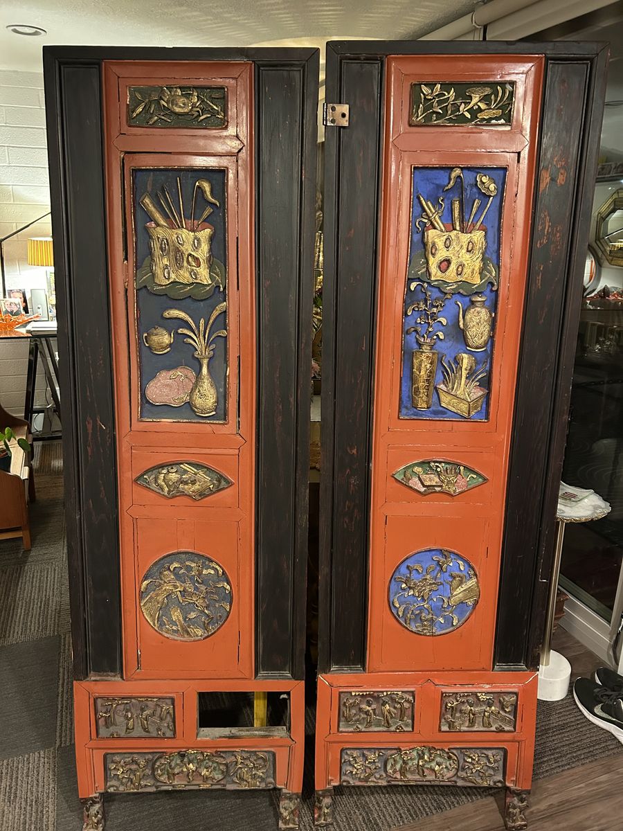 ANTIQUE VINTAGE SOLID WOOD PAINTED JAPANESE PANEL SCREEN ROOM DIVIDERS