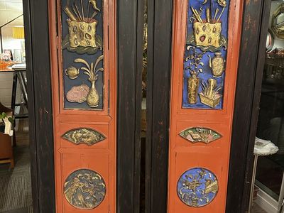 ANTIQUE VINTAGE SOLID WOOD PAINTED JAPANESE PANEL SCREEN ROOM DIVIDERS