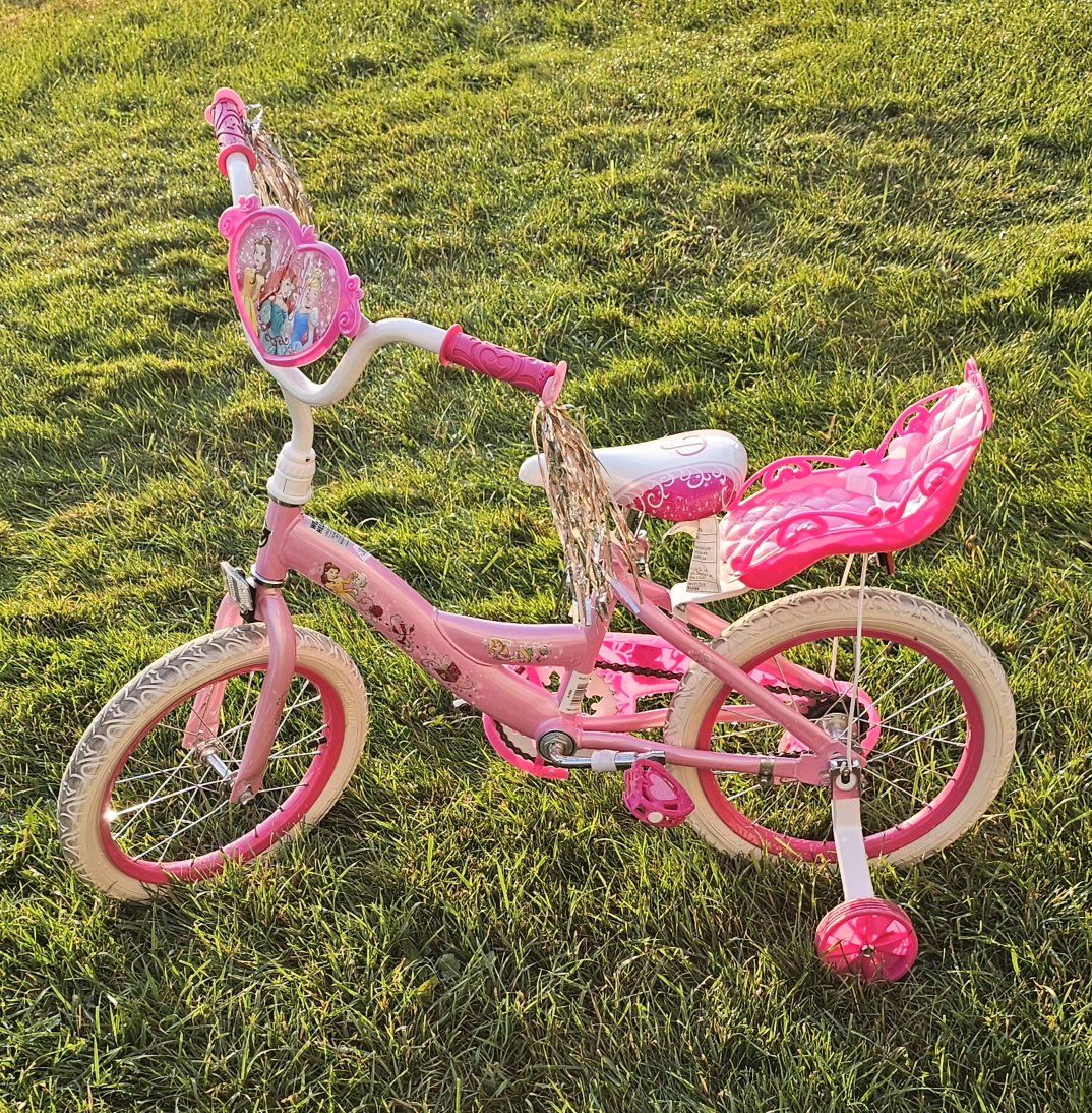 Disney Princess Kids 16 Inch Bike with Training Wheels, Streamers & Doll Seat