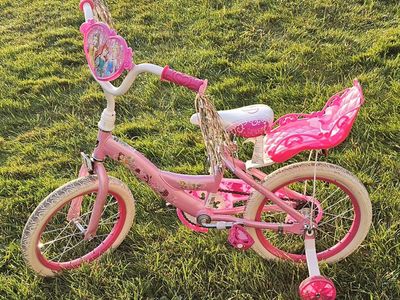 Disney Princess Kids 16 Inch Bike with Training Wheels, Streamers & Doll Seat