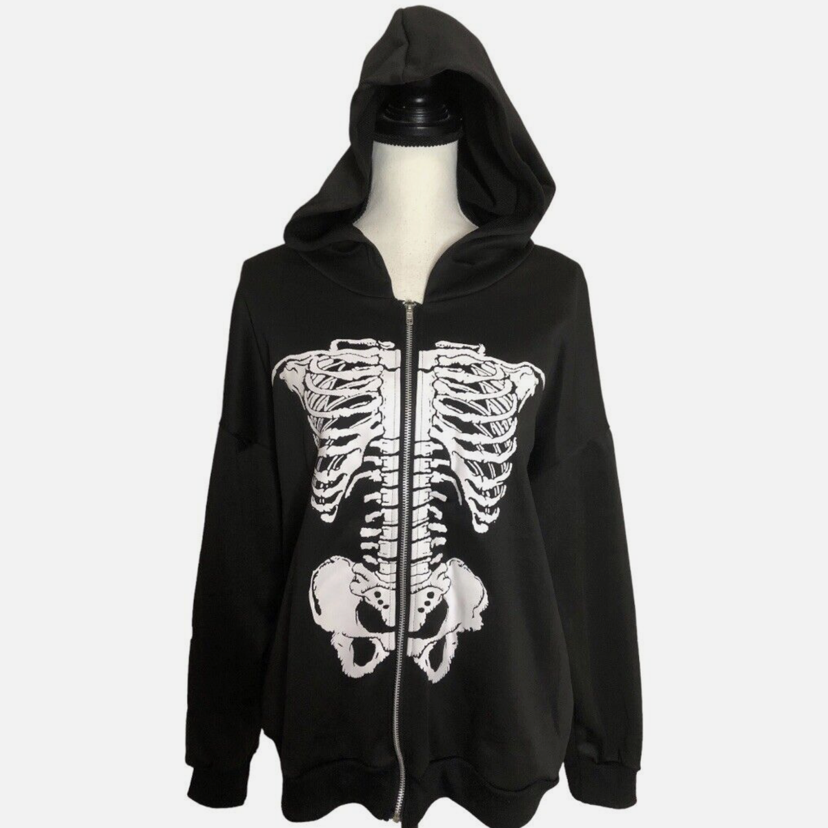 Black Skeleton Full Zip Hoodie - Fits like a Large
