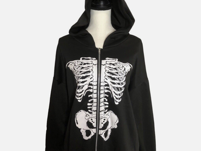 Black Skeleton Full Zip Hoodie - Fits like a Large