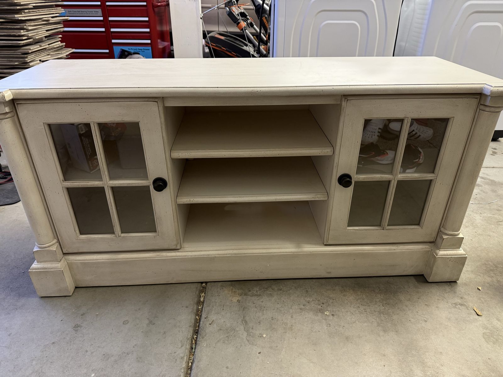 White TV Stand Media Console with Glass Doors 