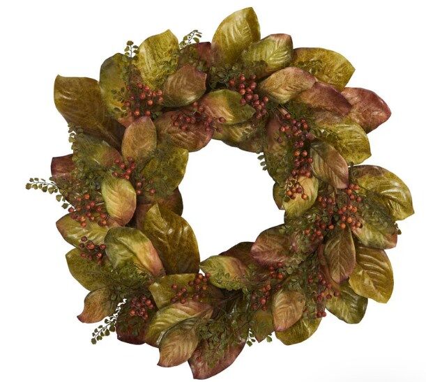 NEW - 30" Fall Magnolia Leaf and Berries Artificial Wreath