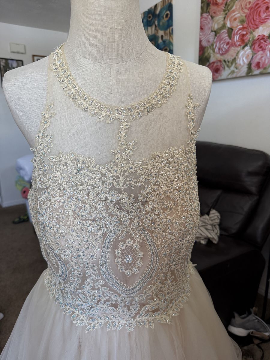 Stunning Beaded Illusion Neckline Dress with Tulle Skirt