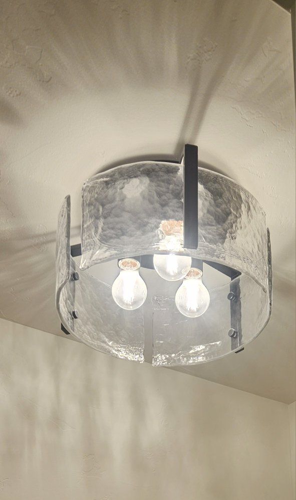 Modern Black Semi-Flush Mount Ceiling Light Fixture with Textured Glass Drum Shade, 3-Light
