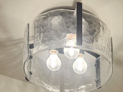Modern Black Semi-Flush Mount Ceiling Light Fixture with Textured Glass Drum Shade, 3-Light