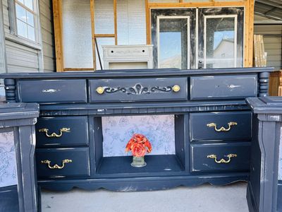 Refinished Navy Blue Vintage Dresser with Floral Backing and Brass Hardware