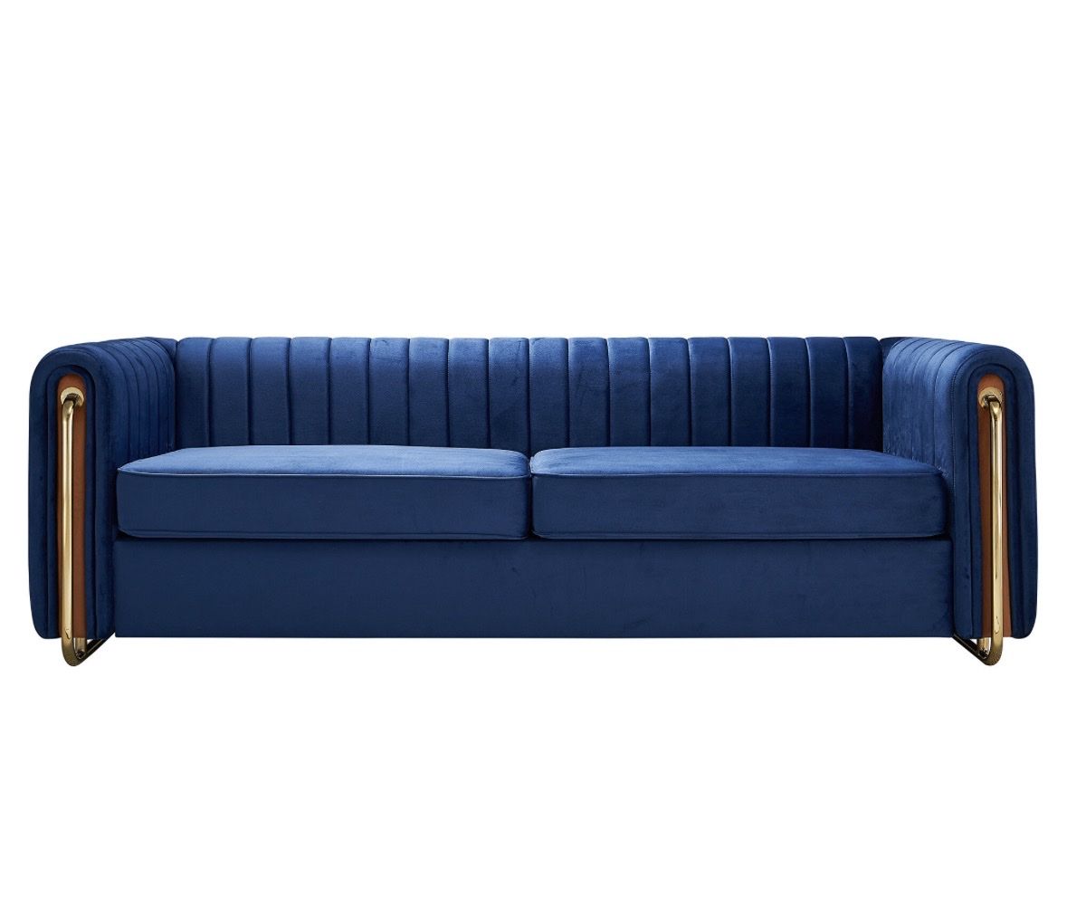 Modern Blue Velvet Channel-Tufted Chesterfield Sofa with Gold Accent Legs New