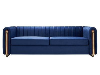 Modern Blue Velvet Channel-Tufted Chesterfield Sofa with Gold Accent Legs New