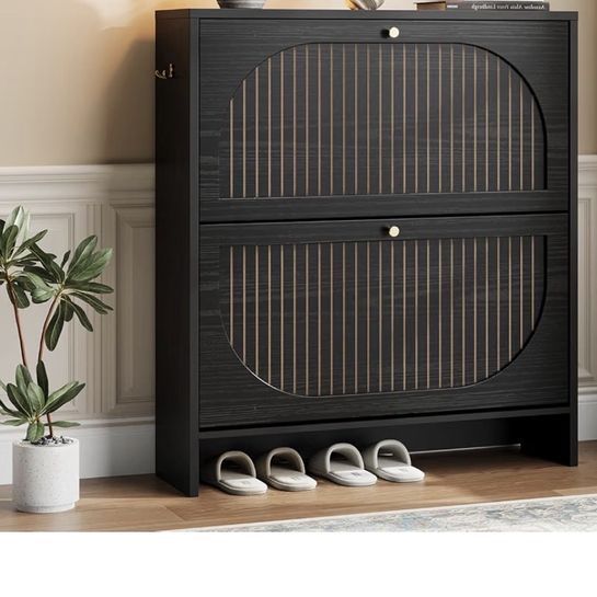 Midnight Black 2-Drawer Arched Slatted Shoe Cabinet/Storage Bench, Modern Entryway Organizer