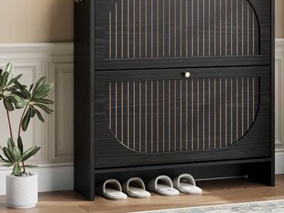 Midnight Black 2-Drawer Arched Slatted Shoe Cabinet/Storage Bench, Modern Entryway Organizer