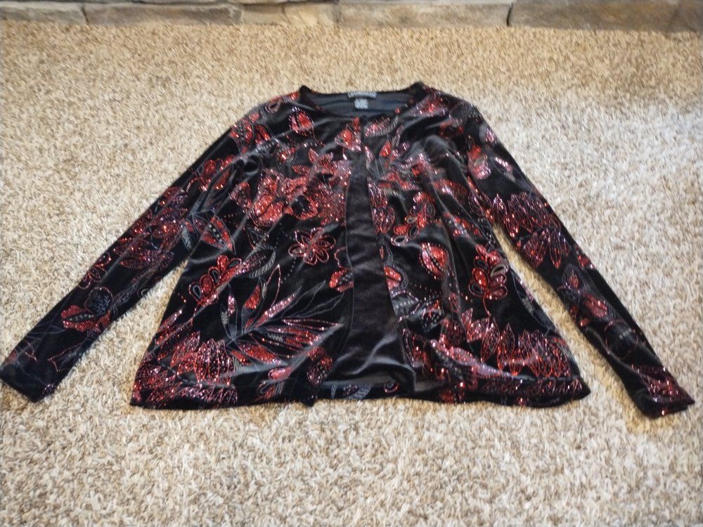 Elementz Women's Black and Red Glitter Velvet  Floral Jacket Size L