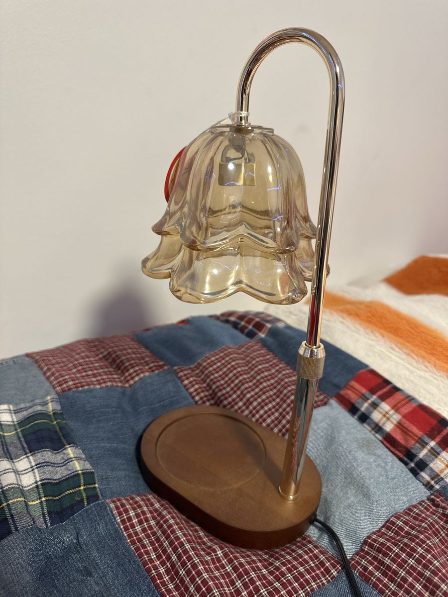 Vintage Amber Glass Flower Shade Candle Warmer Lamp with Wood Base | Candle Lighter 