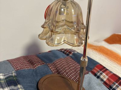 Vintage Amber Glass Flower Shade Candle Warmer Lamp with Wood Base | Candle Lighter