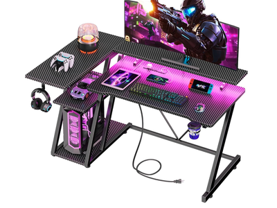 New in Box, 40 Inch Gaming Desk with Power Outlet & LED Lights, L Shaped Computer Gaming Table with 3 Tiers Storage Shelves