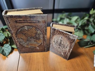 Decorative Vintage-Style Book Storage Boxes Set of 2 - Map & Chandelier Design