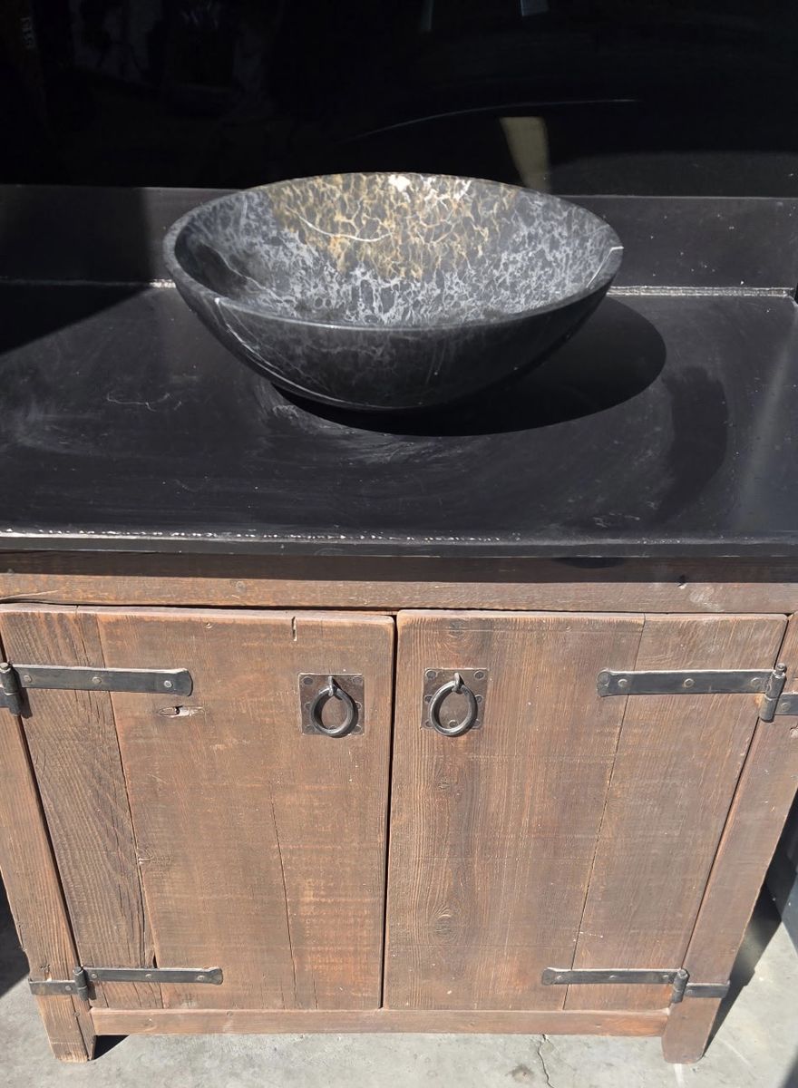 Rustic Wood Vanity Cabinet with Black Countertop & Decorative Bowl Sink - Farmhouse Style