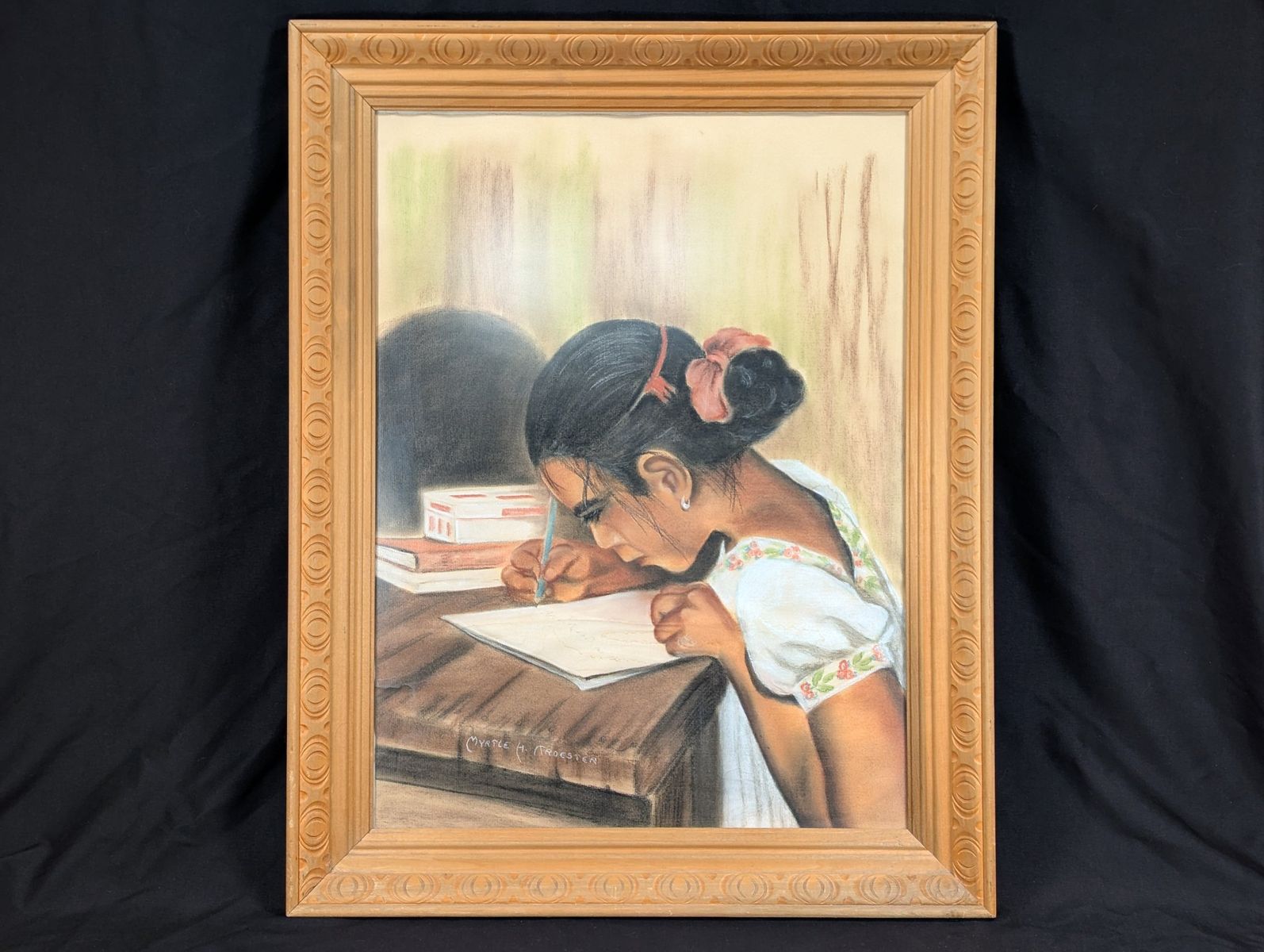Myrtle H. Troester Original Pastel Portrait Girl at Desk Vintage Framed Artwork