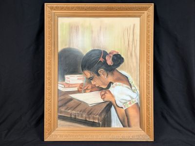 Myrtle H. Troester Original Pastel Portrait Girl at Desk Vintage Framed Artwork