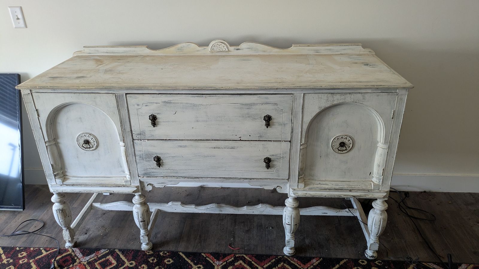 Vintage Distressed White Wooden Buffet and Sideboard Cabinet